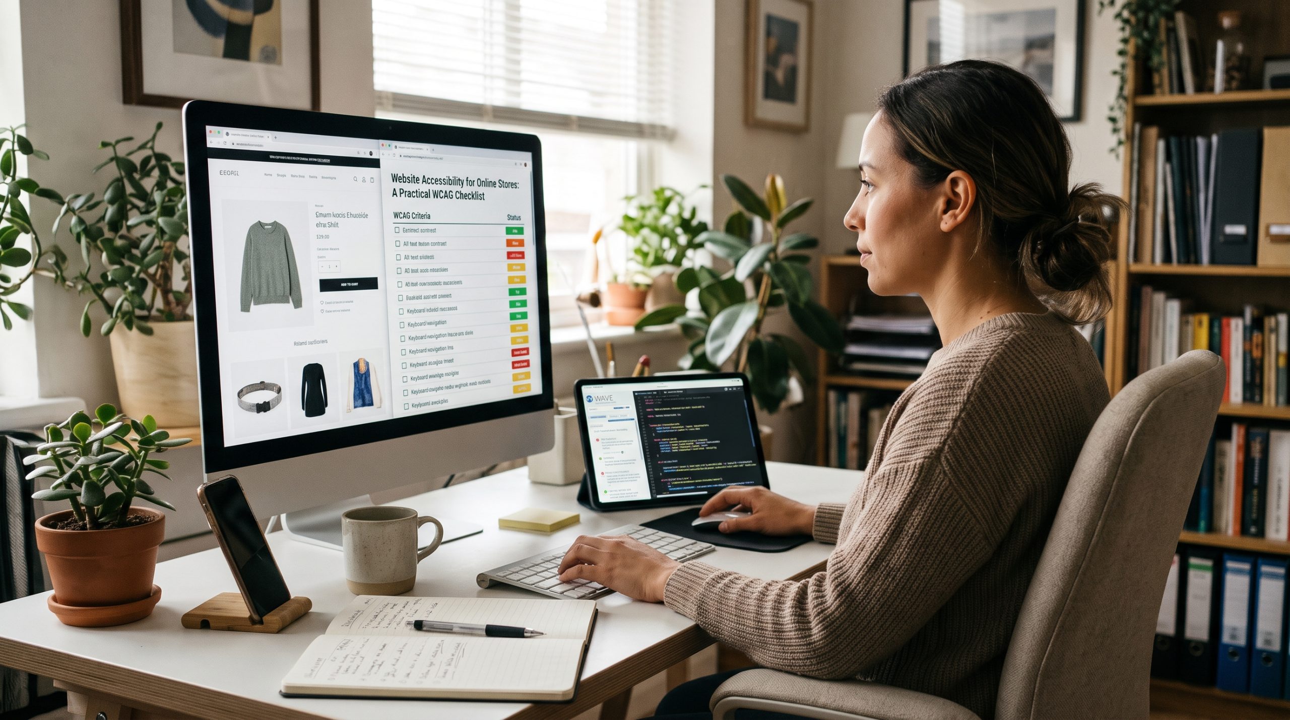 Website accessibility audit showing an online store and WCAG checklist on a computer monitor.